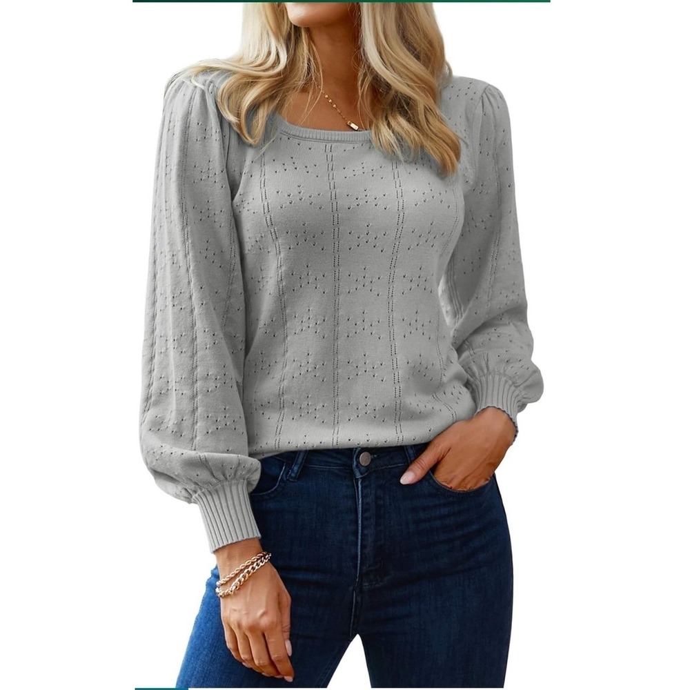Gray Pointelle Knit Puff Sleeve Crew Neck Sweater Medium Balloon Sleeve Top
